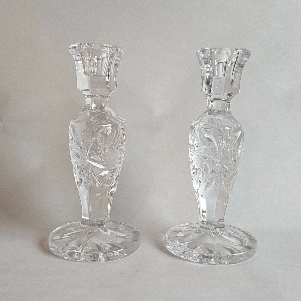 Vintage Pair Hobstar Heavy Crystal Glass Candlesticks Candleholders 7